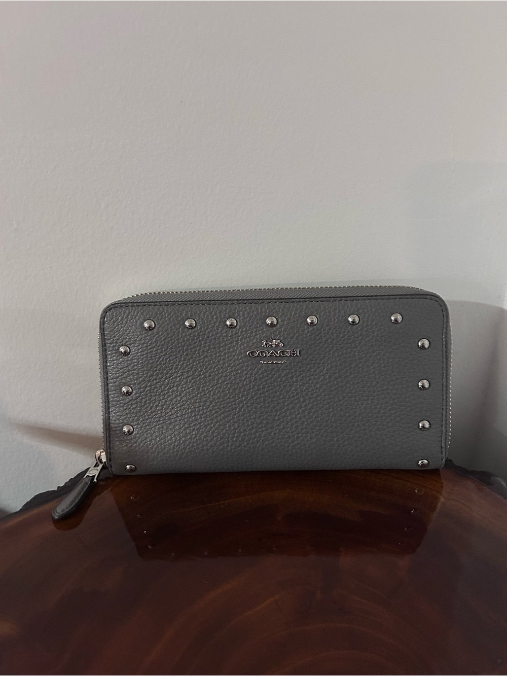 NWT Coach Gray Pebbled Leather Zip Wallet with Silver Studs